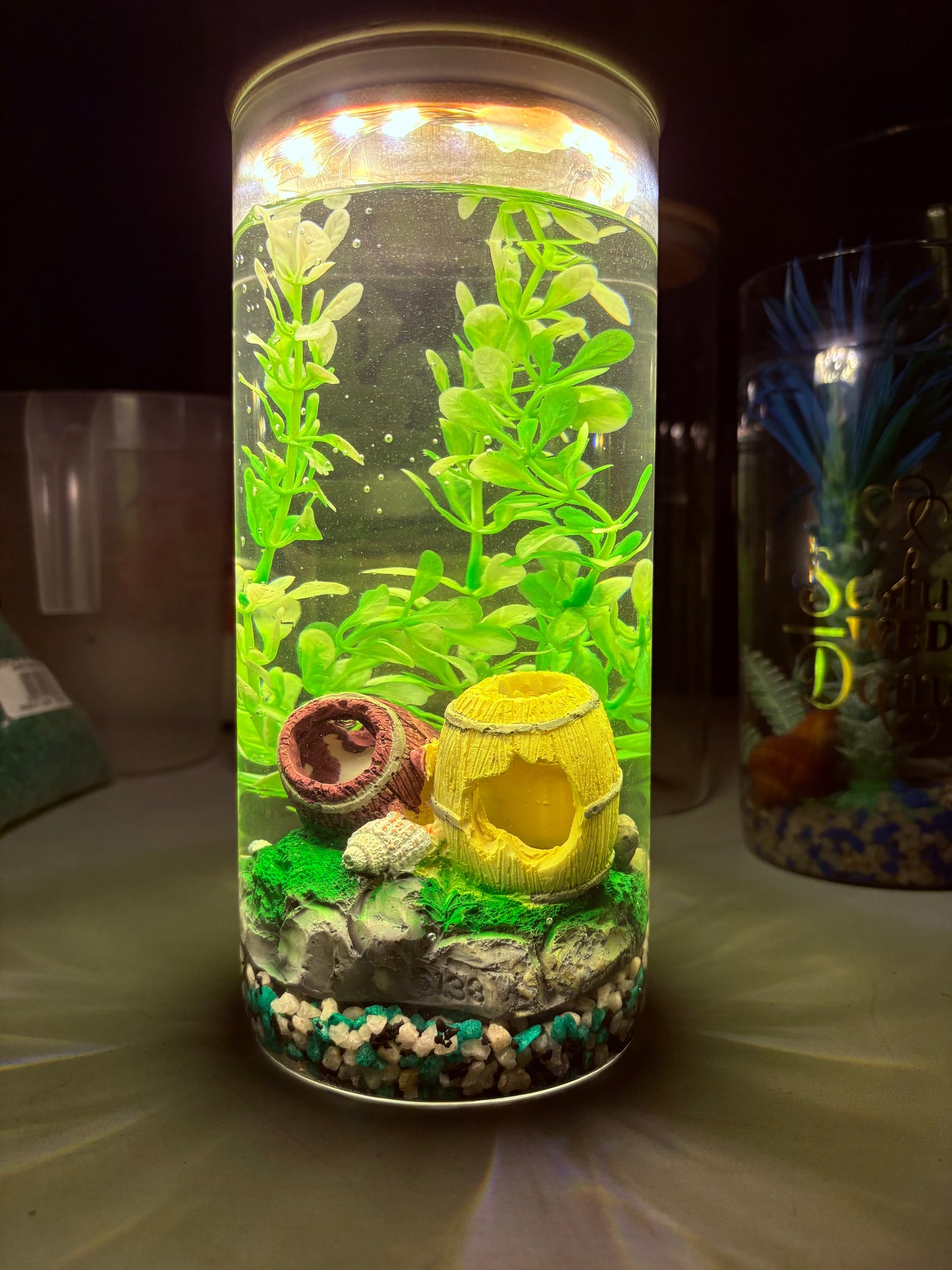 "Zari DIY mini jar aquarium kit with gravel, artificial plant, LED light, and decorative elements – bestselling desktop tank by Infinity Aquariums South Africa"