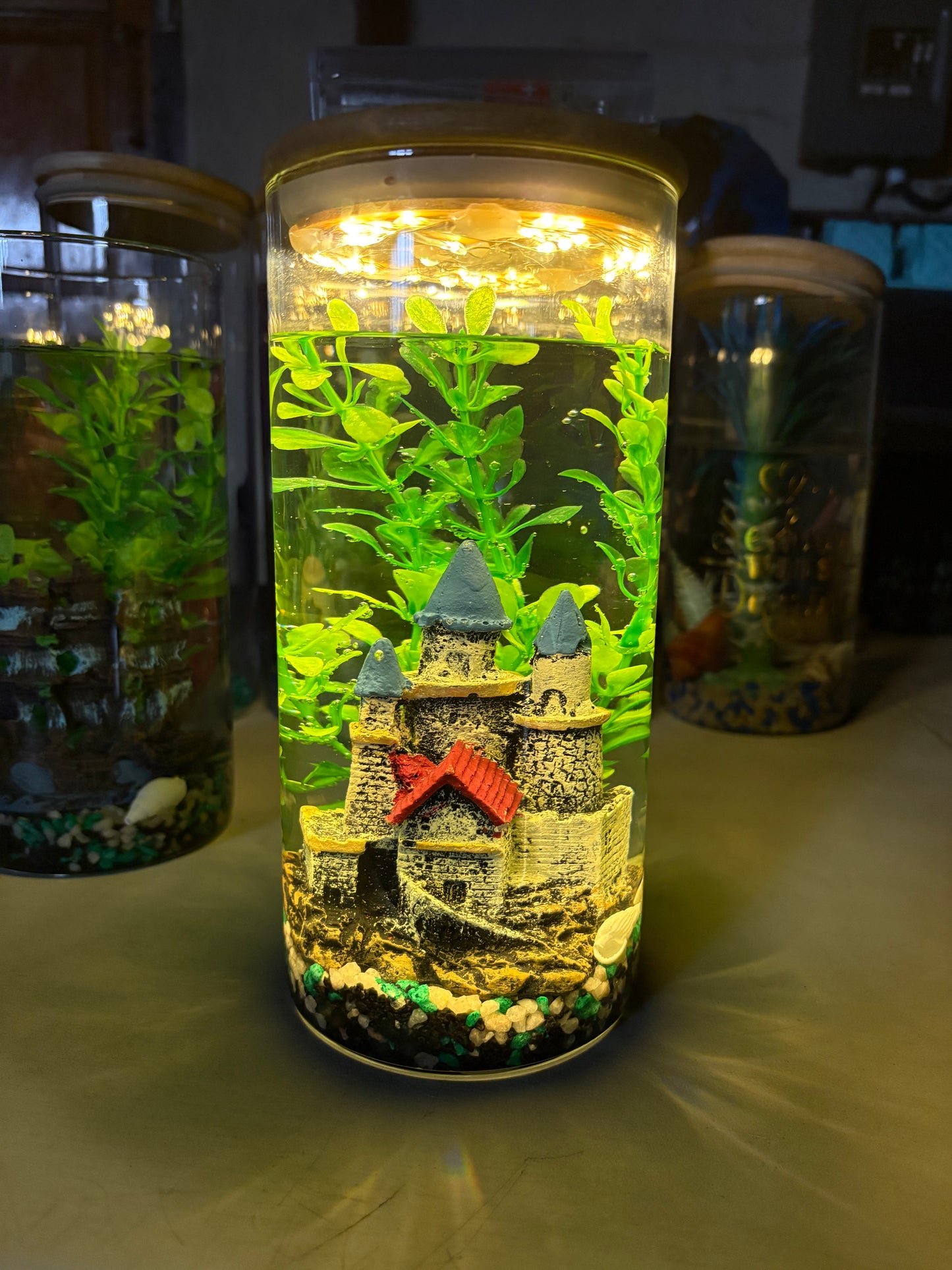 "Zari DIY mini jar aquarium kit with gravel, artificial plant, LED light, and decorative elements – bestselling desktop tank by Infinity Aquariums South Africa"