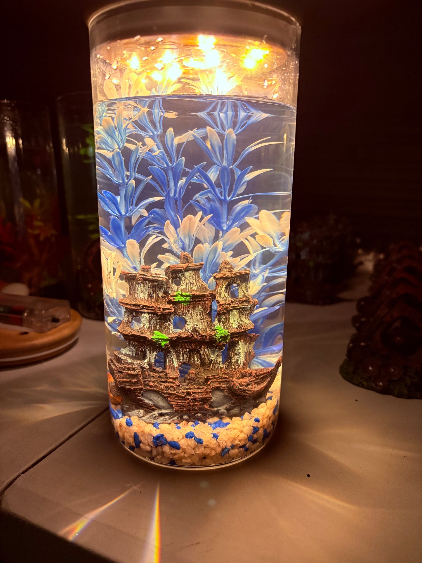 "Zari DIY mini jar aquarium kit with gravel, artificial plant, LED light, and decorative elements – bestselling desktop tank by Infinity Aquariums South Africa"