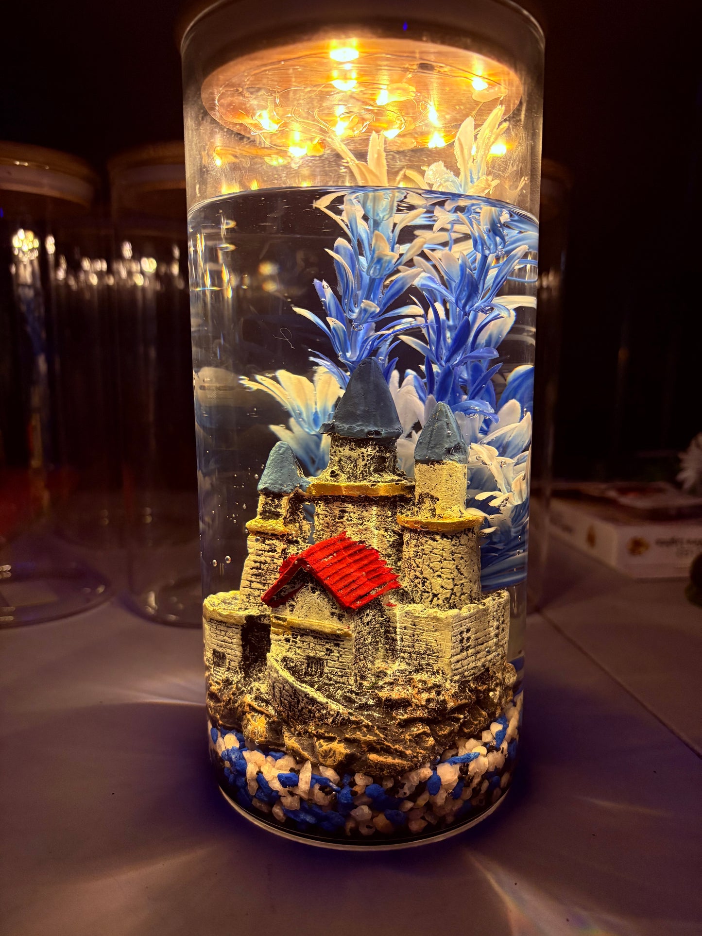 "Zari DIY mini jar aquarium kit with gravel, artificial plant, LED light, and decorative elements – bestselling desktop tank by Infinity Aquariums South Africa"